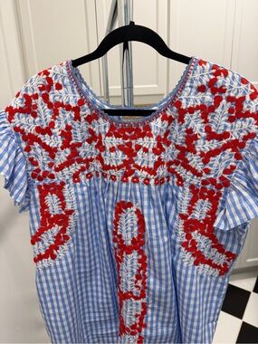 Blue Gingham Embroidered Ruffle Sleeve Top❤️🤍💙